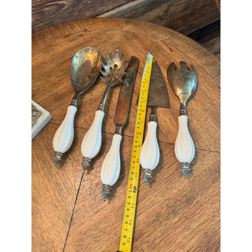 Godinger Silver Plated Serving Set 5pc White Ceramic Handles Vintage Flatware